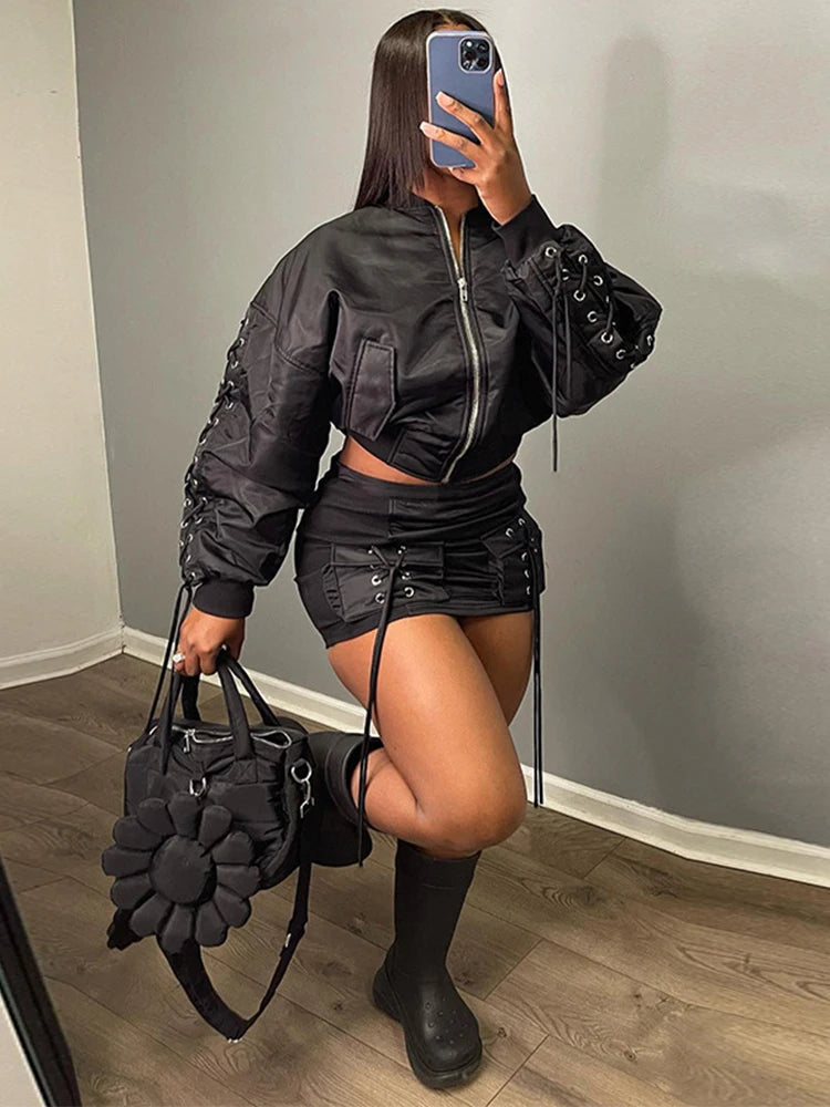 bandage Skirts Suit For Women Fashion Zipper Slim Lace Up Cardigan Femme Sexy Mini Skirt 2 Piece Sets Womens Outfits