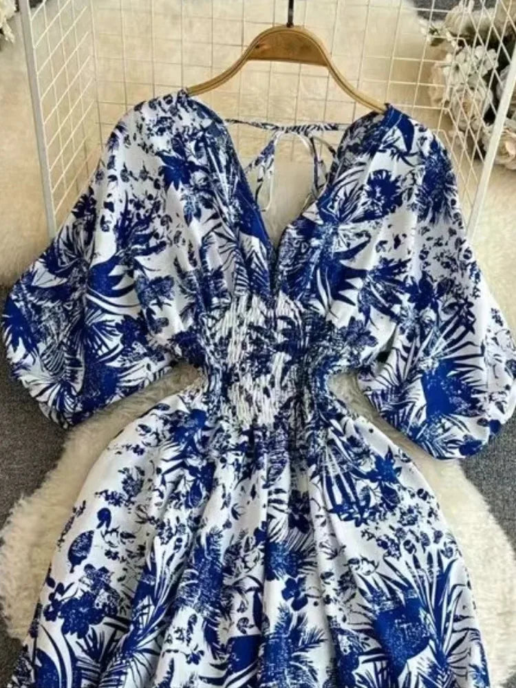 Women Elegant Print Puff Sleeve V Neck Jumpsuits Summer New Fashion High Waist One Piece Female Casual Straight Wide Leg Pants