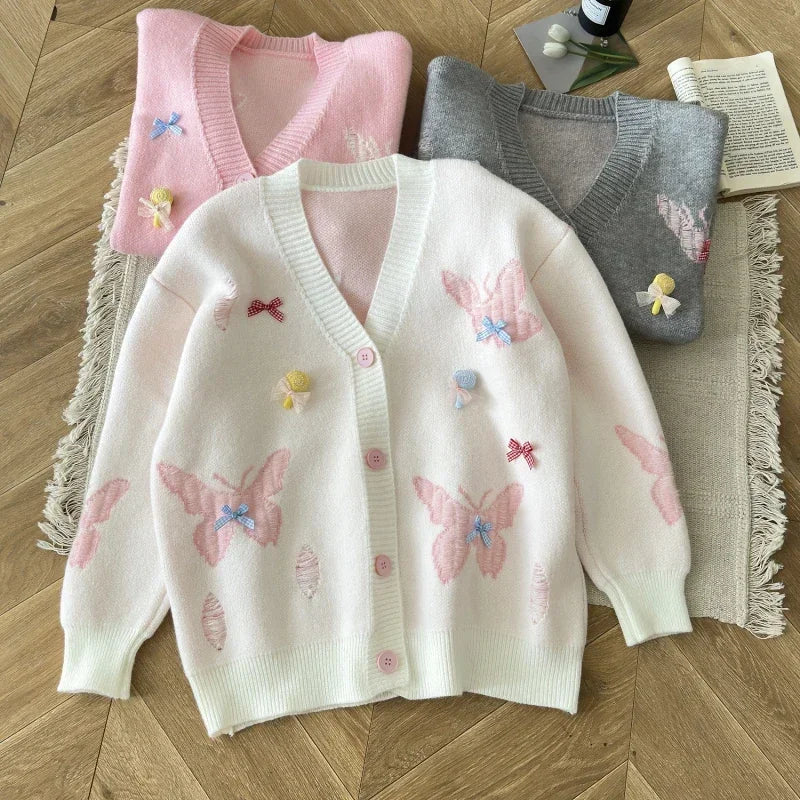 Sweet Hot Girl College Style Bow Tie Sweater Jacket Women's Autumn and Winter Loose Knitted Cardigan Fashion Female Clothes