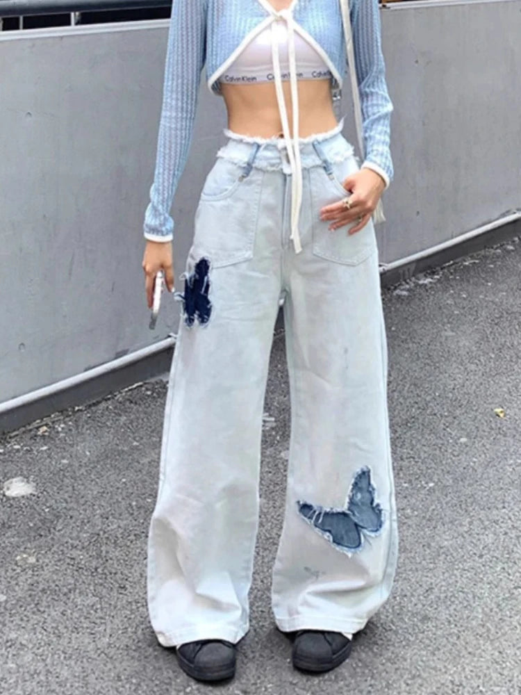 Blue Jeans Plus Size Women Y2k Fashion Loose Butterfly Patchwork Causal High Waist Denim Pants Streetwear Retro Bottoms
