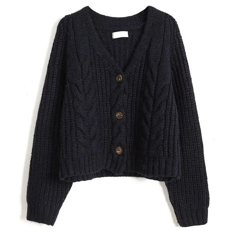 Women Solid Long Sleeve Cardigan Crochet Sweater Autumn Winter Casual Korean Vneck Single Breasted Short Tops Chic Streetwear