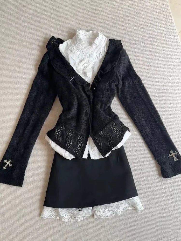 Autumn Y2k Gothic Women Outfits Long Sleeve Cardigan Coat + Ruched Hollow Out Shirts+ Lace High Waist Mini Skirts 3 Piece Sets
