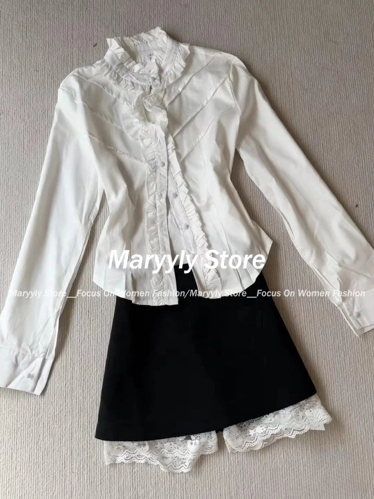 Autumn Y2k Gothic Women Outfits Long Sleeve Cardigan Coat + Ruched Hollow Out Shirts+ Lace High Waist Mini Skirts 3 Piece Sets