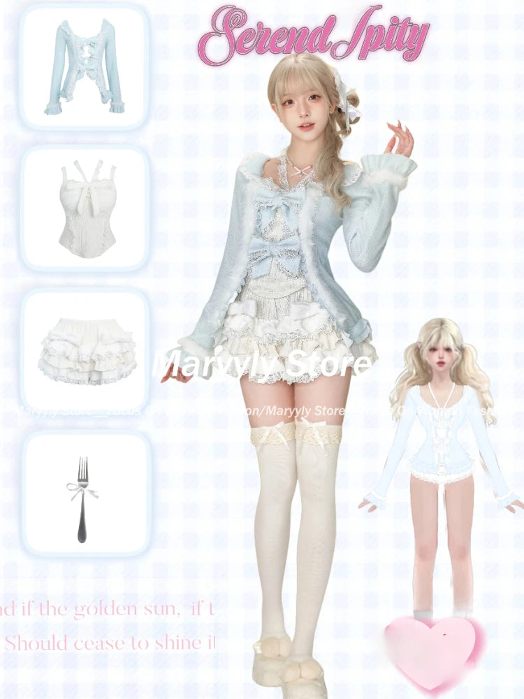 Winter Sweet Cute New 3 Piece Sets Women Outfits Elegant Long Sleeve Bow Cardigan + Casual Slim Vest + Lace Patchwork Mini Skirt
