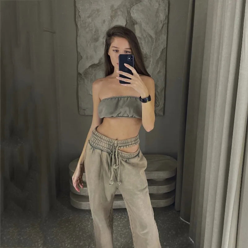Sweatpants Women Gray Loose Casual Wide Leg Trousers Hollow Out Streetwear Vintage Female Clothing