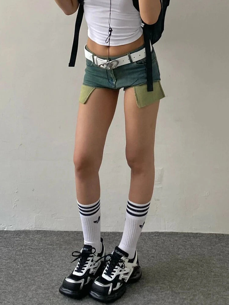Woman Tiedyed Jean Low Waist shorts Tight Bodycon Denim Button Shorts Patchwork Hot Pockets Pants Streetwear Sexy Gyaru