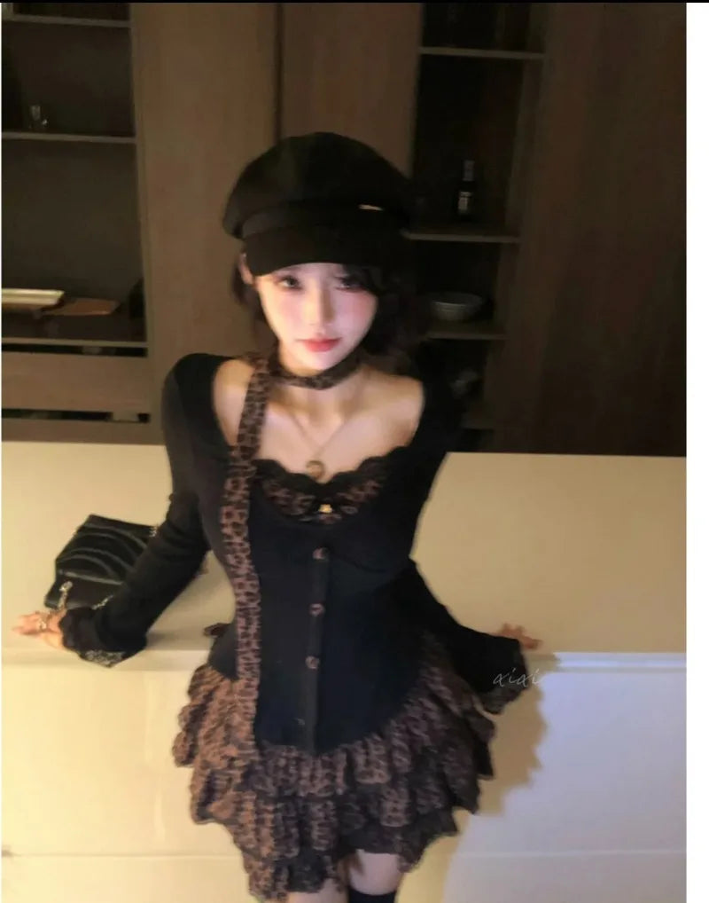 Sweet Hot Girl Suit Women's Autumn Longsleeved Slim Cardigan Leopard Print Aline Skirt Twopiece Set Fashion Female Clothes