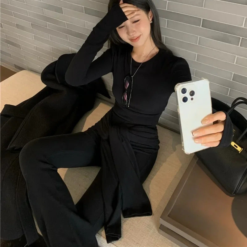Autumn New Streetwear Laceup Solid Color Casual Wide Leg Pants Women + Sexy Slim Longsleeved Tshirt Twopiece Suit