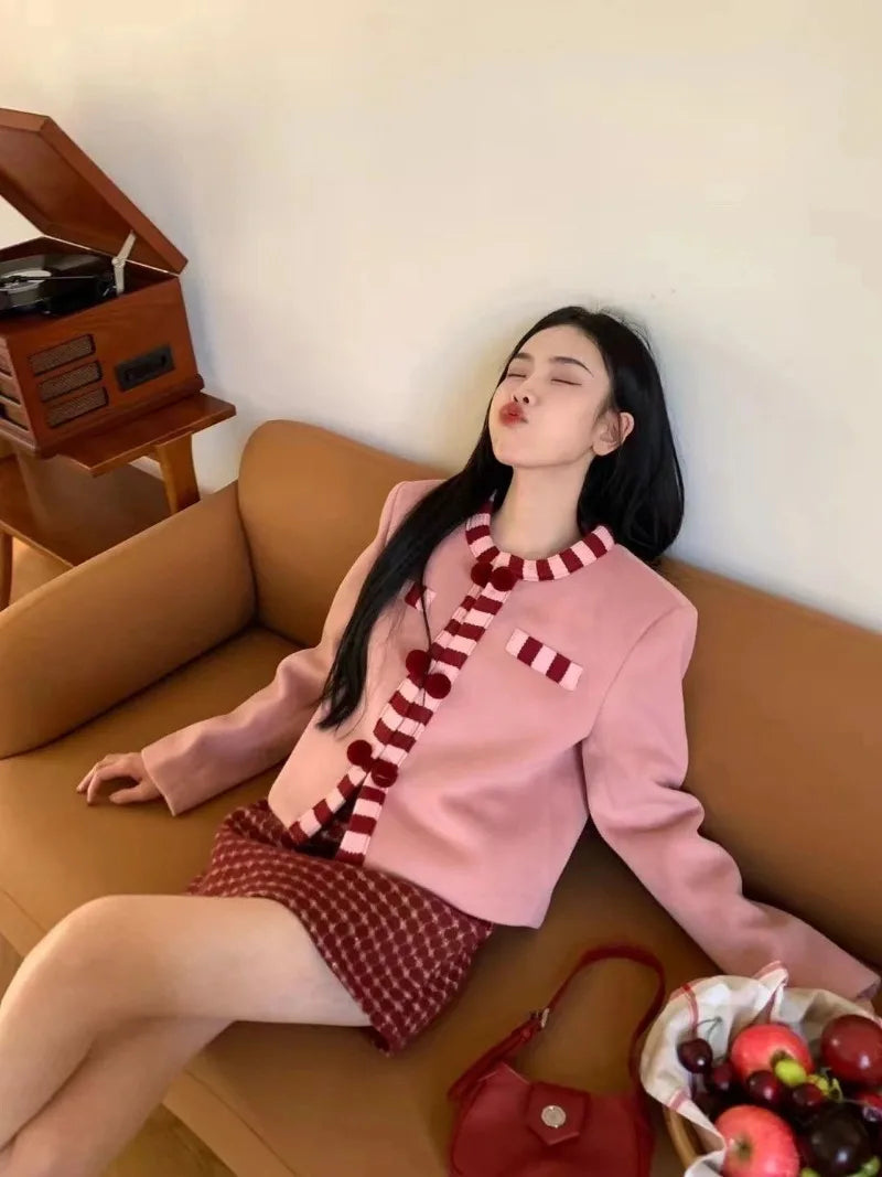Sweet Hot Girl Suit Women's Winter Woolen Longsleeved Cardigan Plaid Wrap Hip Skirt Twopiece Set Fashion Female Clothes