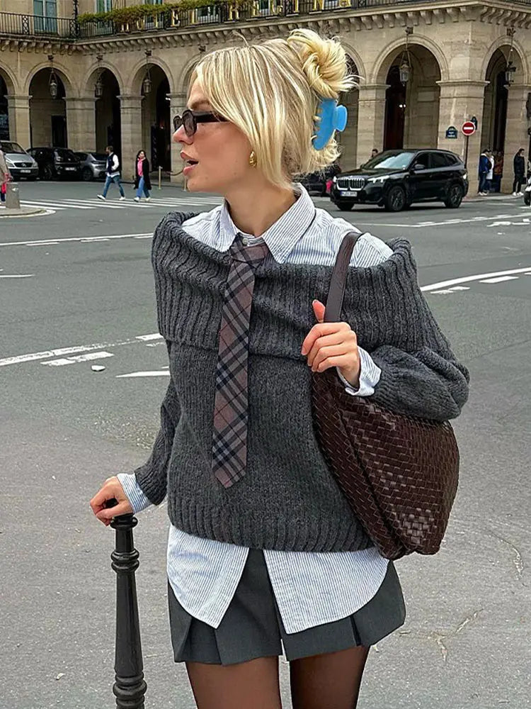 Women Off Shoulder Cropped Knitted Pullover Fashion Slash Neck Long Sleeve Female Sweater Elegant Autumn Lady Loose Jumpers Knit