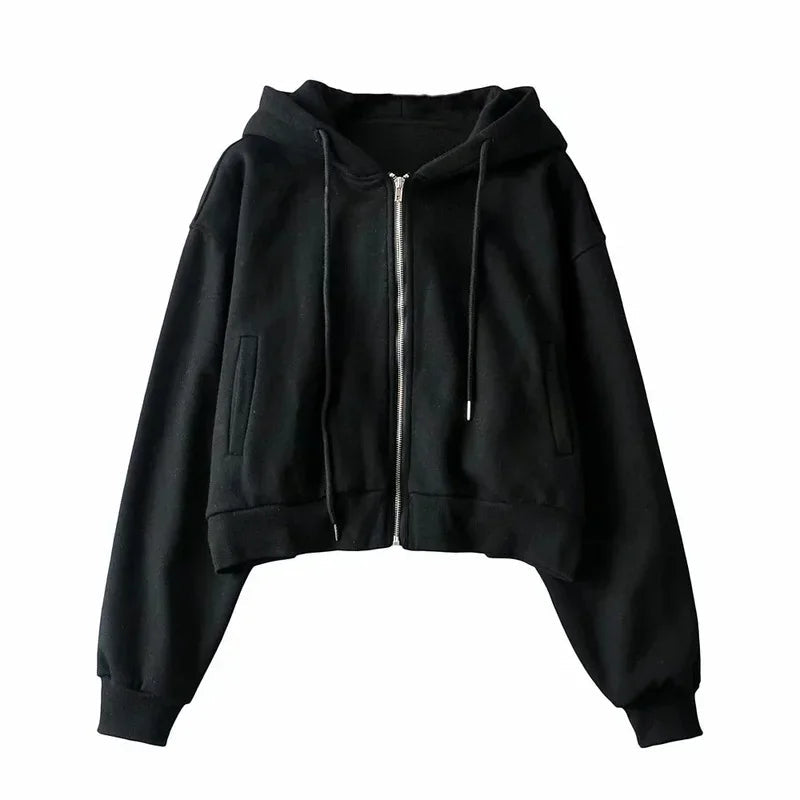 autumn spring women's Zip up hoodies pockets slim crop top women jacket female clothes drawstring white sexy hoody cotton coats