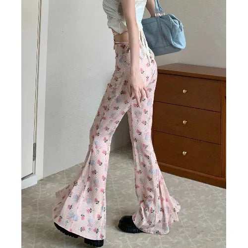 2024 Summer Vintage Korean Retro High Street Print Laceup Waist Trousers Streetwear Fashion Flare Pants