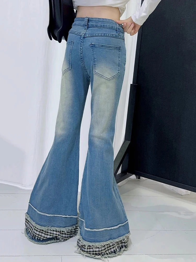 Women Stitch Raw Edge Ruffle Hem Flare Jeans Retro Tartan Plaid Whiskers Boot Cut Pants Grayu Y2k Korean Streetwear