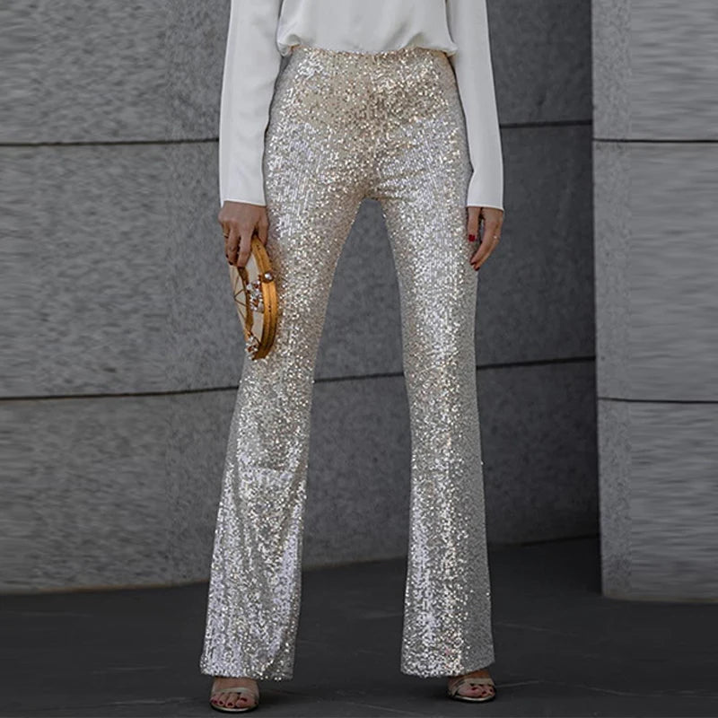 2024 Spring Glitter Sequin Shiny Party Pants Women Elegant High Wiast Slim Flare Trousers New Autumn Fashion Solid Straight Pant