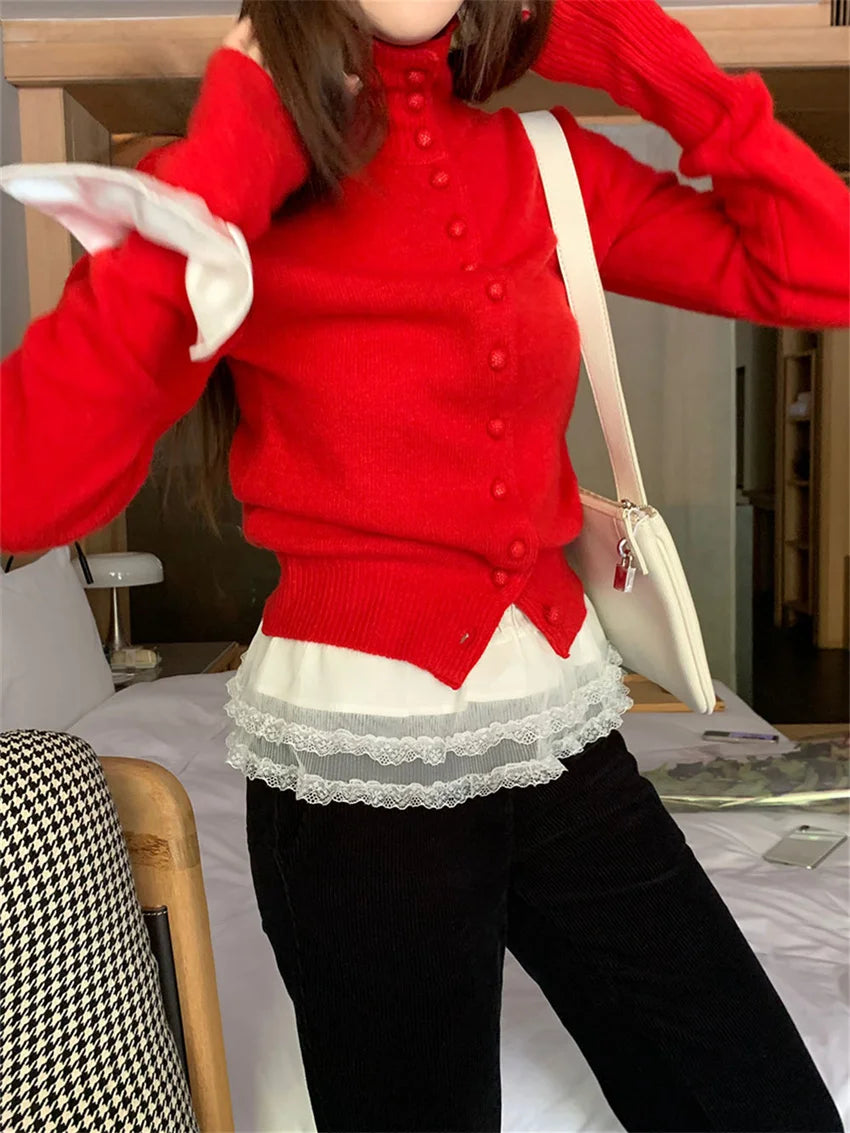 Vintage Red Sweaters Solid Knitted Loose Daily All Match Fashion Autumn 2024 Cardigans New Gentle Sweet Casual
