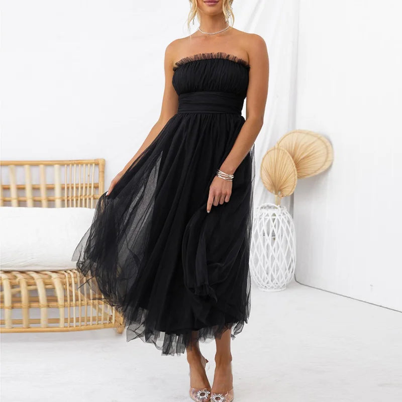 Women Fashion Bralette Mesh Long Dress Summer Elegant Hight Waist Solid Princess Dress Casual Sleeveless Party Evening Dresses