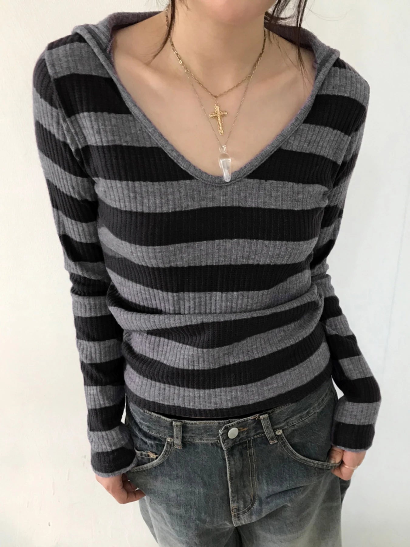 Black Dark Gray Stripe Hooded T-Shirt Women V Neck Slim Long Sleeve Basic Spring Autumn Ribbed Top Preppy Streetwear Tee
