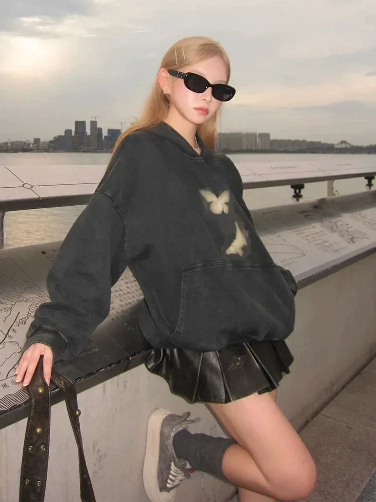 Butterflies Print Black Hoodie Women Streetwear Harajuku Oversized Pullover Sweatshirts Maillard Reaction Cotton Clothes