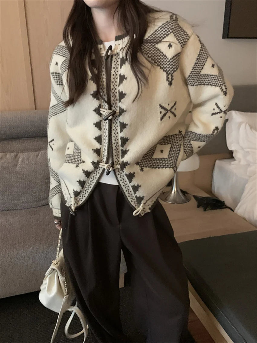 Chic Winter Sweaters Loose Knitwear Women Casual Vintage New Horn Buttons 2025 Slim Office Lady Cardigans Daily Coat