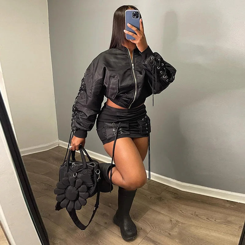 bandage Skirts Suit For Women Fashion Zipper Slim Lace Up Cardigan Femme Sexy Mini Skirt 2 Piece Sets Womens Outfits