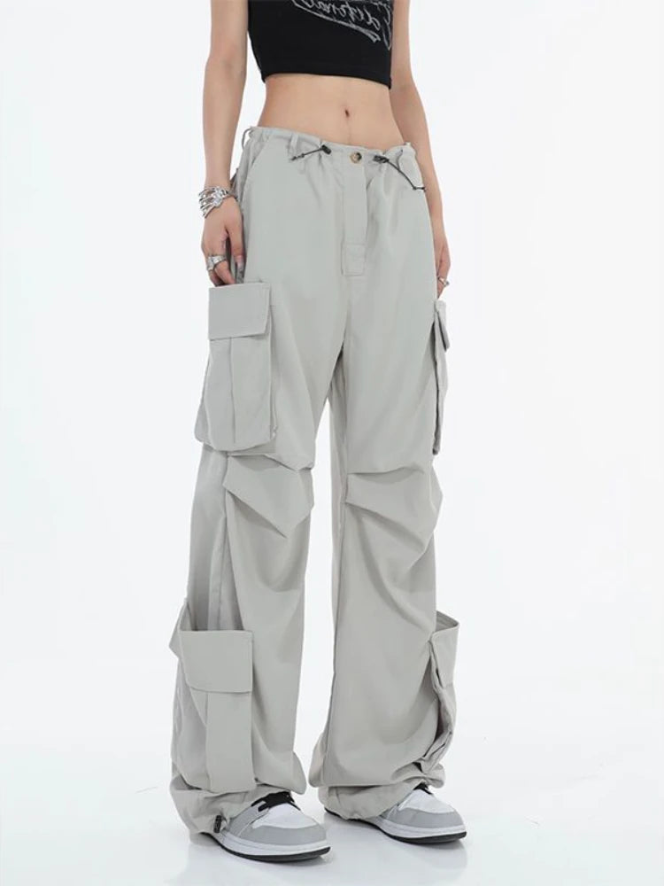 Women Y2k Cargo Pants Multiple Pocket Patchwork Drawstring Ruched Casual Summer Loose Jogger Wide Leg Pants High Street