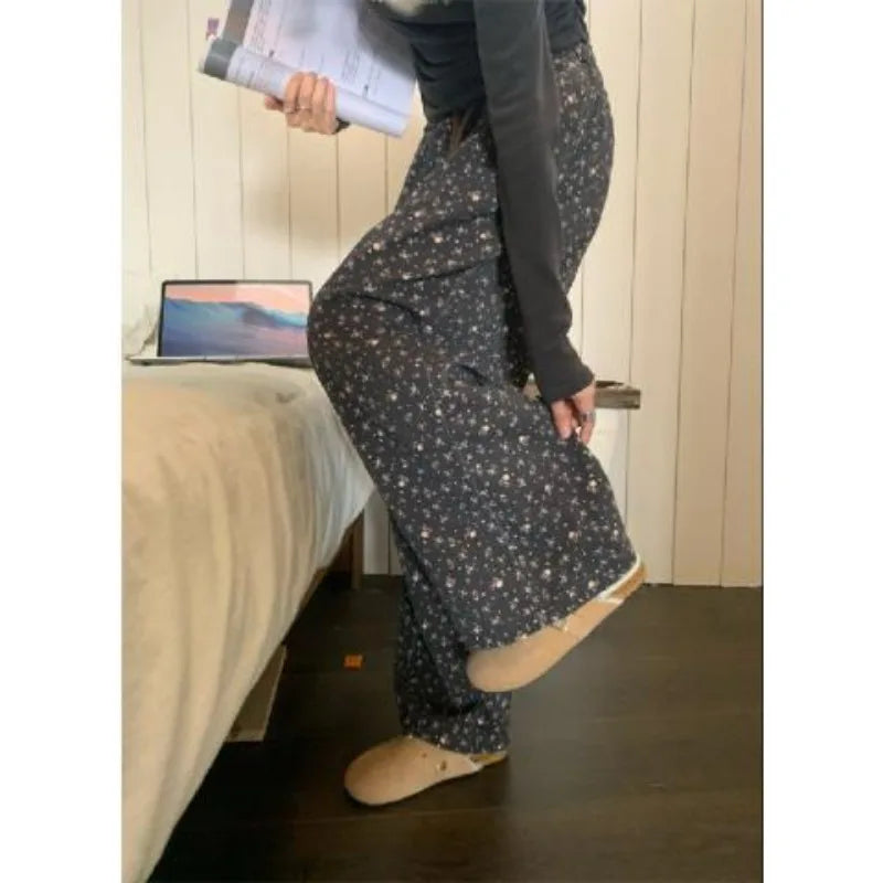 Casual Vintage Sweatpants Woman Korean Baggy Thick Flower Print Wide Leg Pants Harajuku High Waist Autumn Warm Trousers