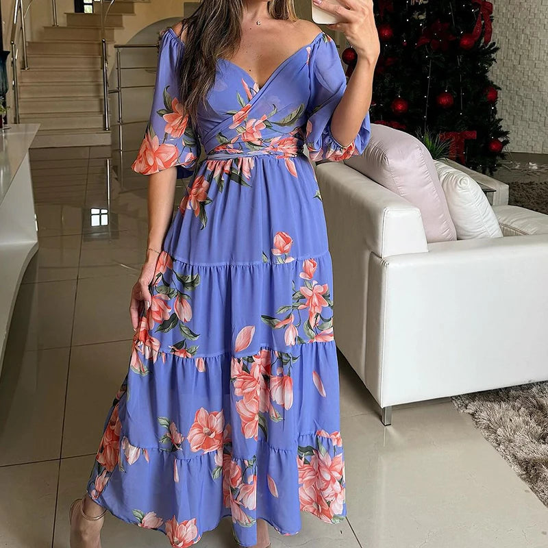 Women Chic Half Sleeve Swing Beach Long Dress 2024 Female Draped Loose Party Dress Elegant Floral Print Off Shoulder Pleat Dress