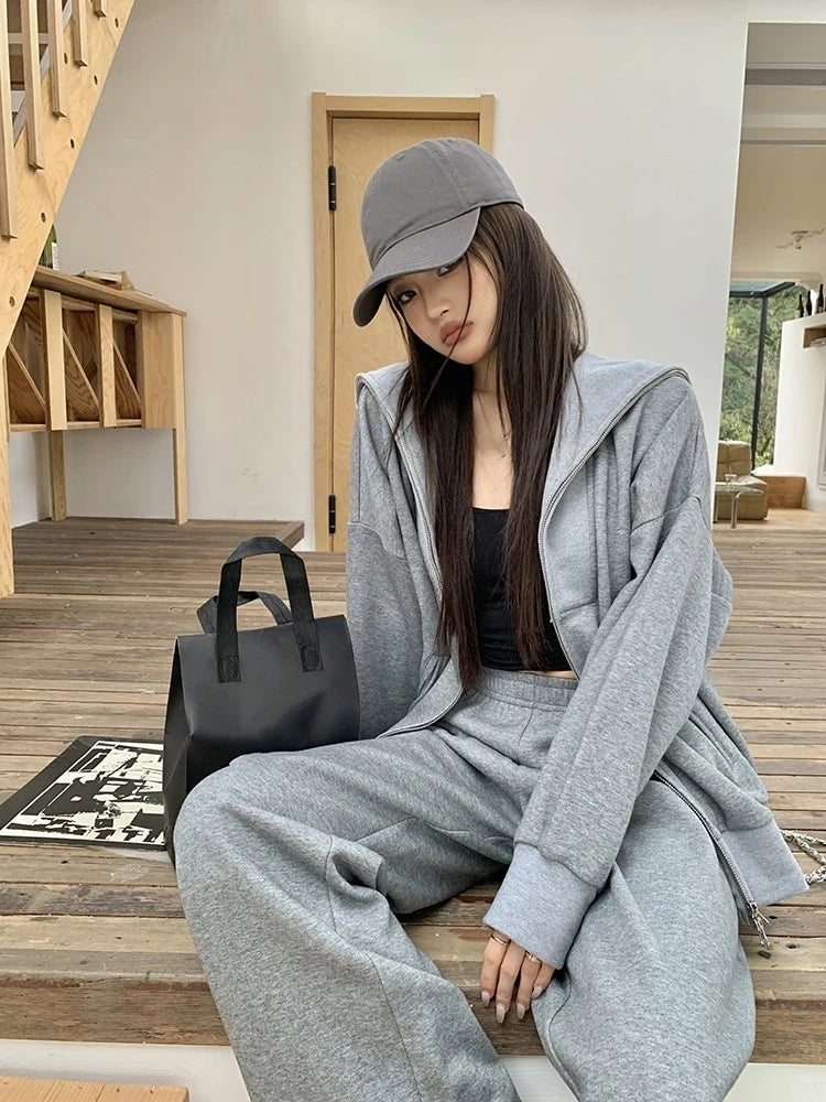 Y2K Casual Two-piece Set Solid Tracksuit Stand Collar Long Sleeve Zip-up Sweatshirt Long Pants Korean Fashion Autumn New Outfits