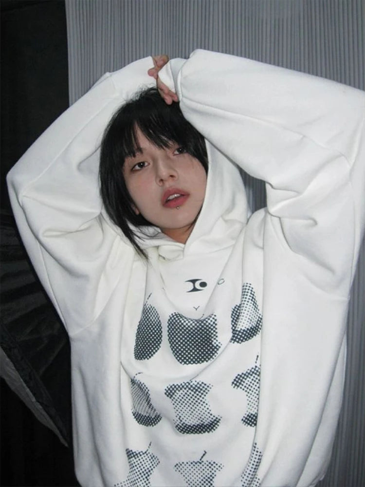 American Retro Fruit Print Hoodies Women High Street Apple Graphic Top Harajuku Oversized Streetwear Design Aesthetics