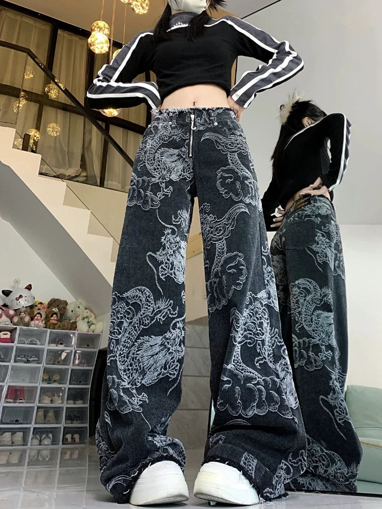 Chinese Style Jeans Women Y2k Vintage Baggy Dragon Print High Waist Zip Wide Leg Denim Pants Hip Hop Causal Kpop Bottoms