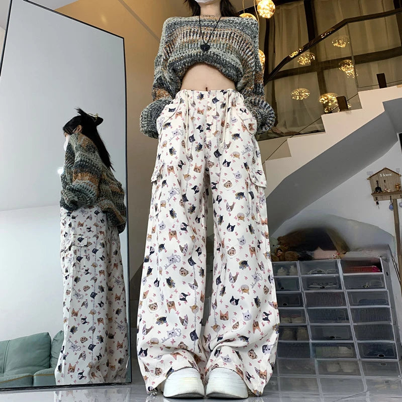 Women's Retro Graffiti Design Sense Work Suit Pants 90S Hot Girl Y2K Straight Tube Sports Street Dance Wide Leg Casual Pants