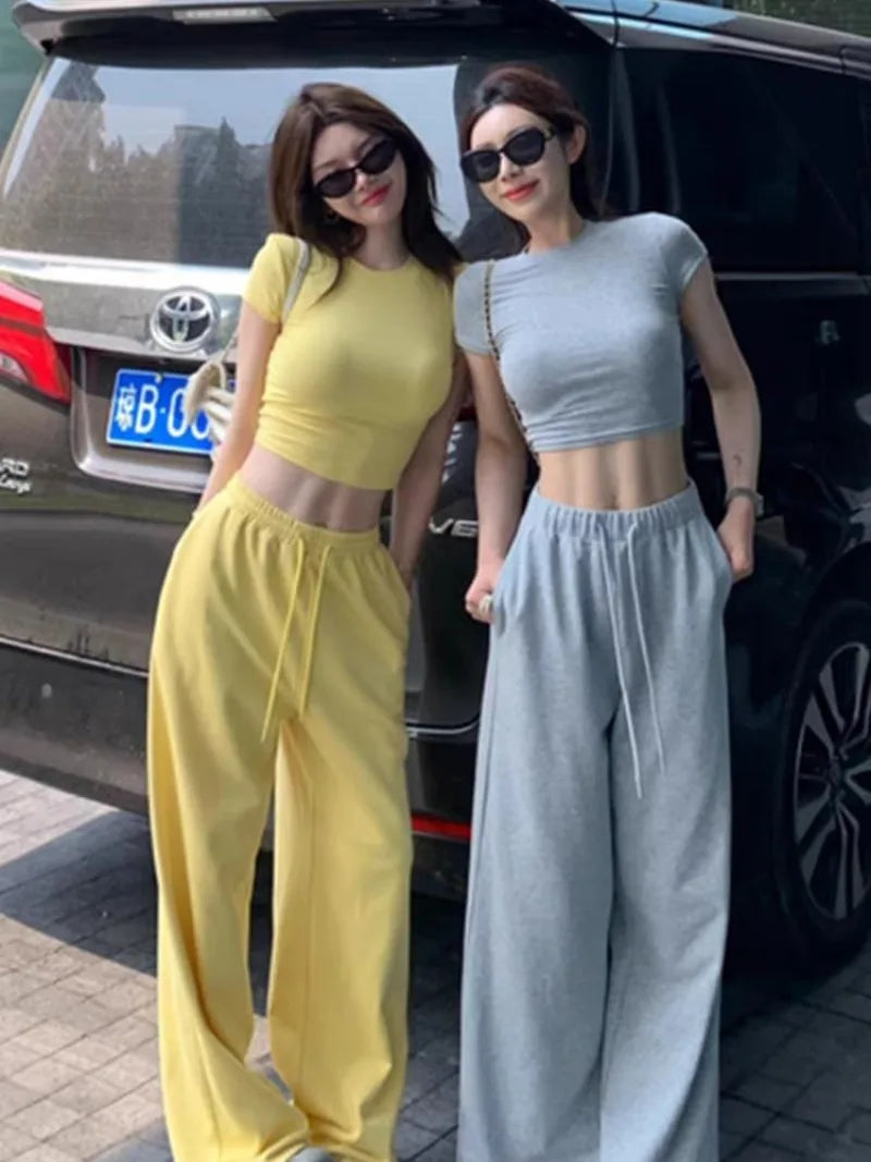 Sweet Hot Girl Casual Suit Women's Summer Slim Fit Oneck Shortsleeved Tshirt Wide Leg Long Pants Twopiece Set Female Clothes