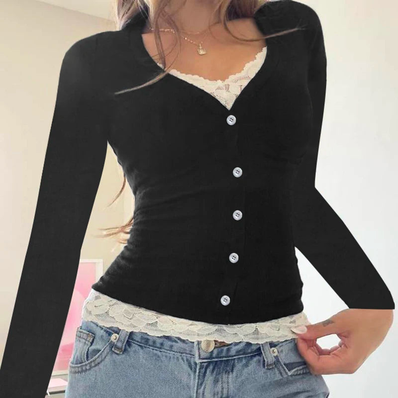 Y2K Contrast Lace Slim Top Autumn Cute Long Sleeve Buttons T-shirt Knitted Casual Outfits Sweet Korean Tee Streetwear