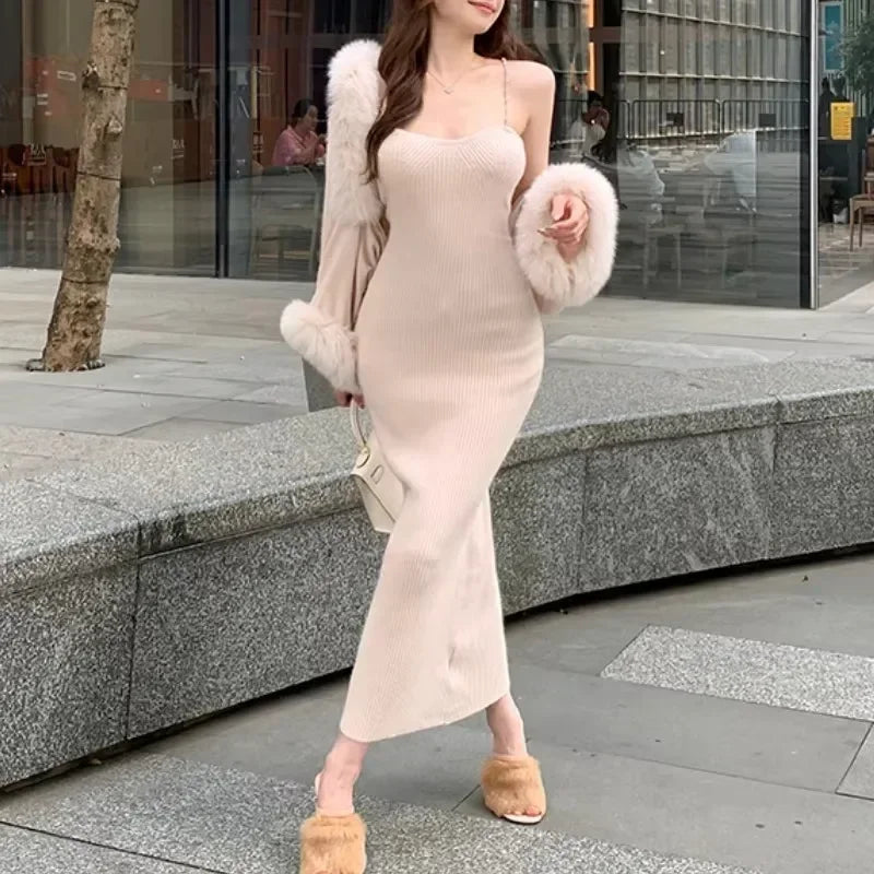 Autumn New High Street Solid Color Casual Threaded Chain Knit Dress Women + Loose Plush Spliced Cardigan Twopiece Suit