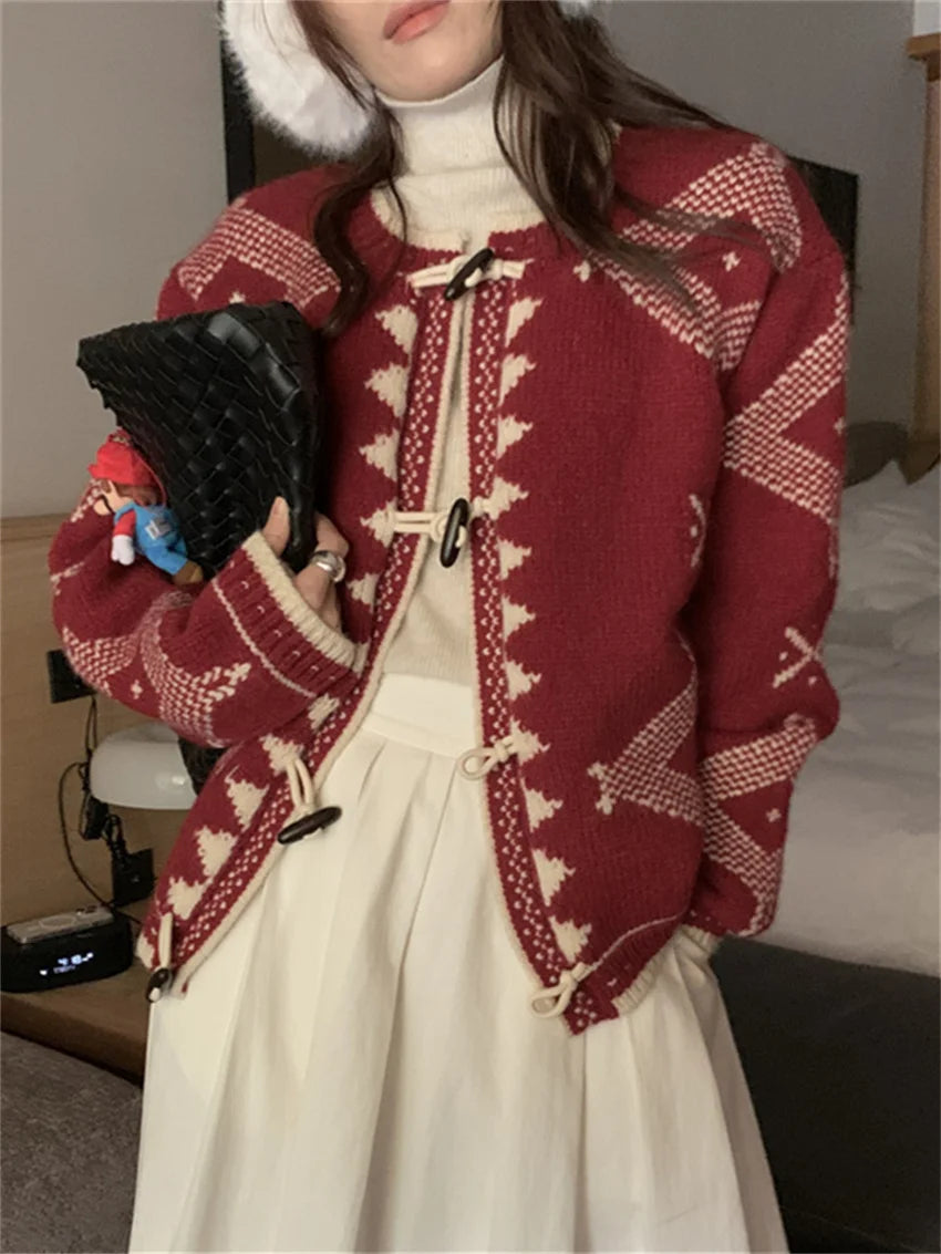 Chic Winter Sweaters Loose Knitwear Women Casual Vintage New Horn Buttons 2025 Slim Office Lady Cardigans Daily Coat