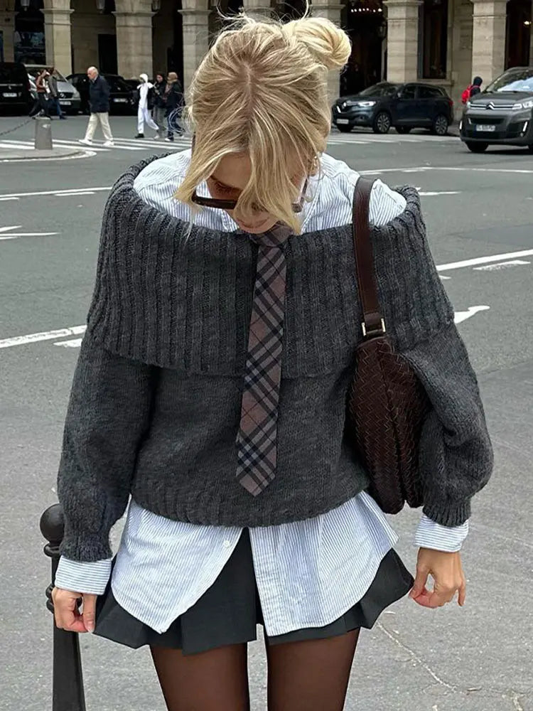 Women Off Shoulder Cropped Knitted Pullover Fashion Slash Neck Long Sleeve Female Sweater Elegant Autumn Lady Loose Jumpers Knit
