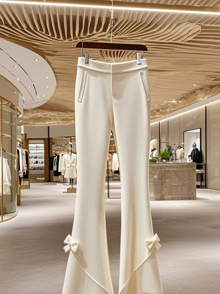 Winter Thick High Waist White Knitted Pants for Women Korean Fashion Sweet Bow Slimming Straight Tube Flare Pants Women Trousers