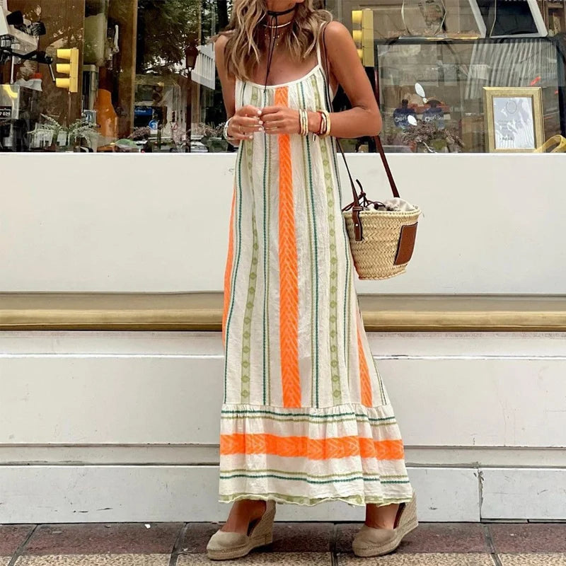Women Casual Off Shoulder Loose Beach Dress Summer Striped Print Sleeveless Long Dress Elegant O Neck Slash Neck Holiday Dresses