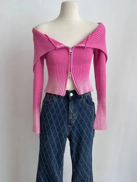 Bow Print Offshoulder Knitwear Gradient Cardigan Sweater Zipper Maillard Style Fairy Grunge Long Sleeve Top Y2k Clothes
