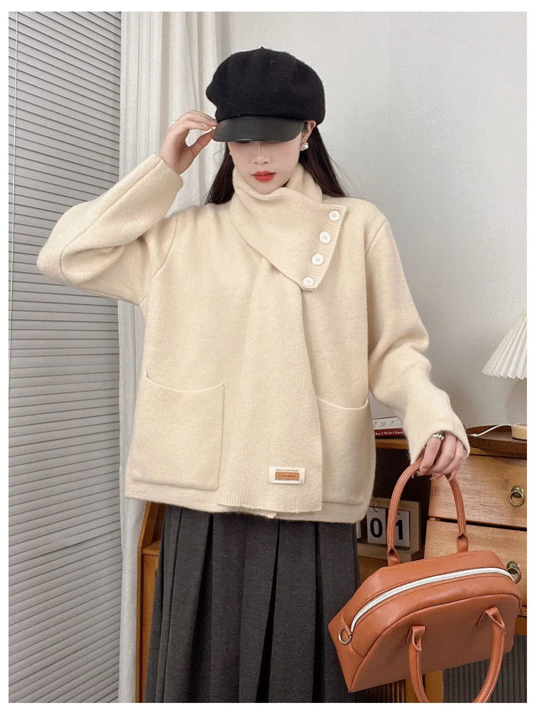 Sweet Hot Girl Christmas Detachable Scarf Knitted Cardigan Women's Fall/winter Loose Longsleeved Sweater Fashion Female Clothes