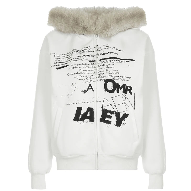 Y2k Letter Prints Women Hoodies Faux Collar Hooded s Autumn Winter Trendy Clothes Korean Style Coat