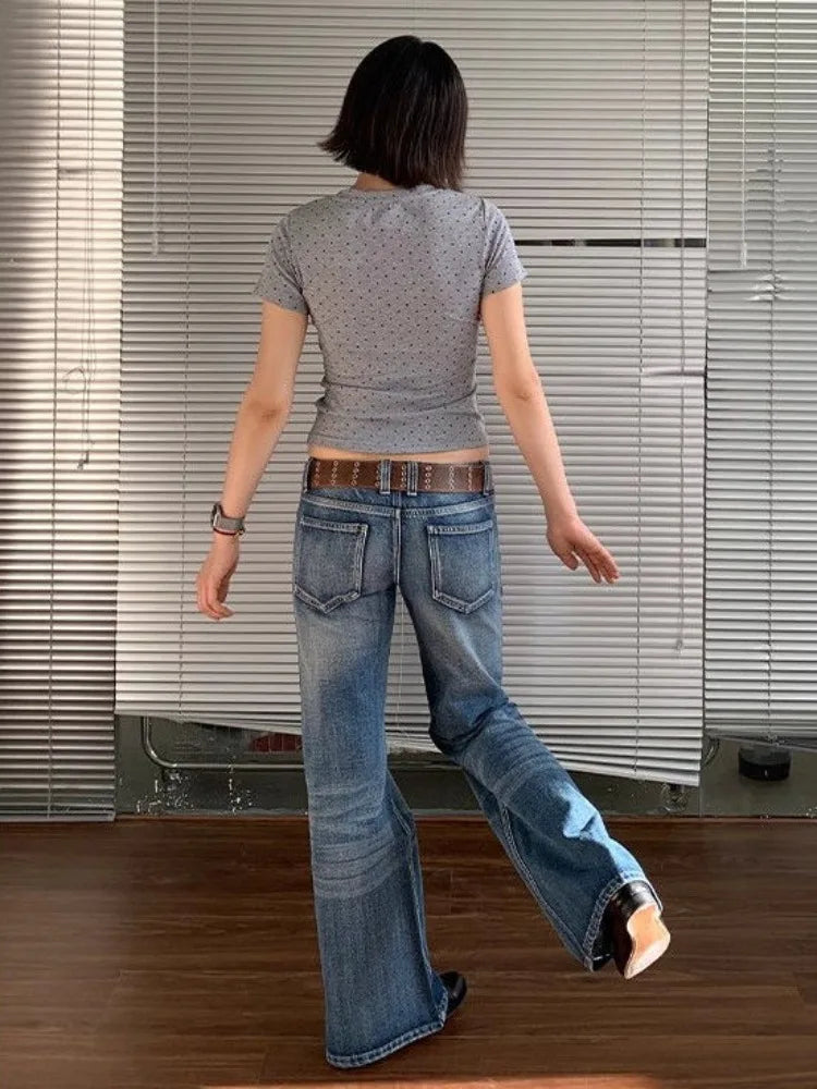 American Retro High Street Spicy Girls Low Waist Jeans Women Vintage Y2k Harajuku Baggy Solid Slim Denim Flared Pants