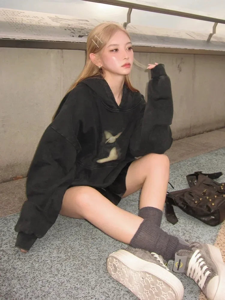 Butterflies Print Black Hoodie Women Streetwear Harajuku Oversized Pullover Sweatshirts Maillard Reaction Cotton Clothes