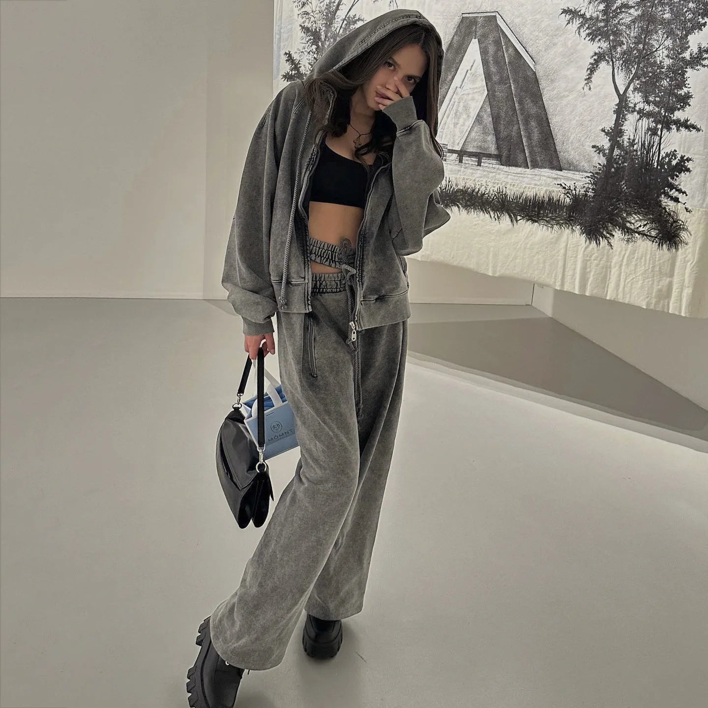 Sweatpants Women Gray Loose Casual Wide Leg Trousers Hollow Out Streetwear Vintage Female Clothing