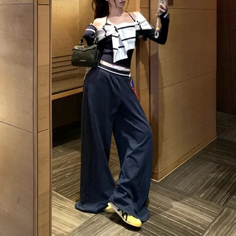Autumn New American Laceup Loose Casual Wide Leg Pants Women + Patchwork Halter Sweater + Knitted Shawl Threepiece Suit