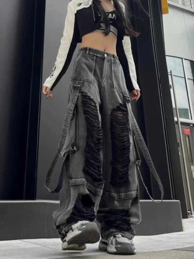 Black Ripped Jeans for Women Hip Hop Y2k Vintage Baggy Hole Do Old Wide Leg Cargo Denim Pants Streetwear Casual Bottoms