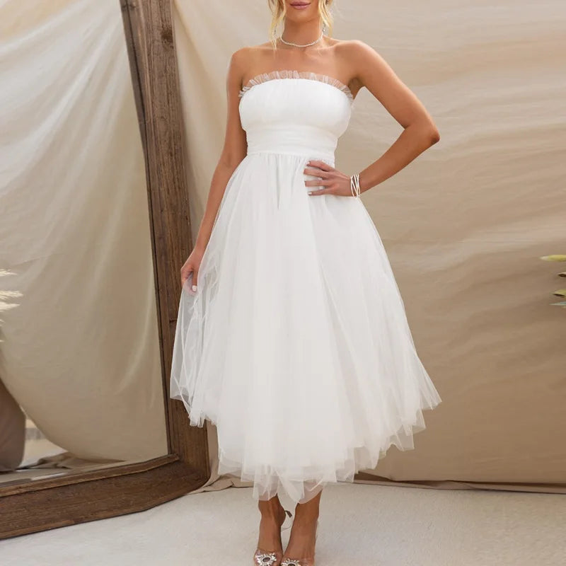 Women Fashion Bralette Mesh Long Dress Summer Elegant Hight Waist Solid Princess Dress Casual Sleeveless Party Evening Dresses
