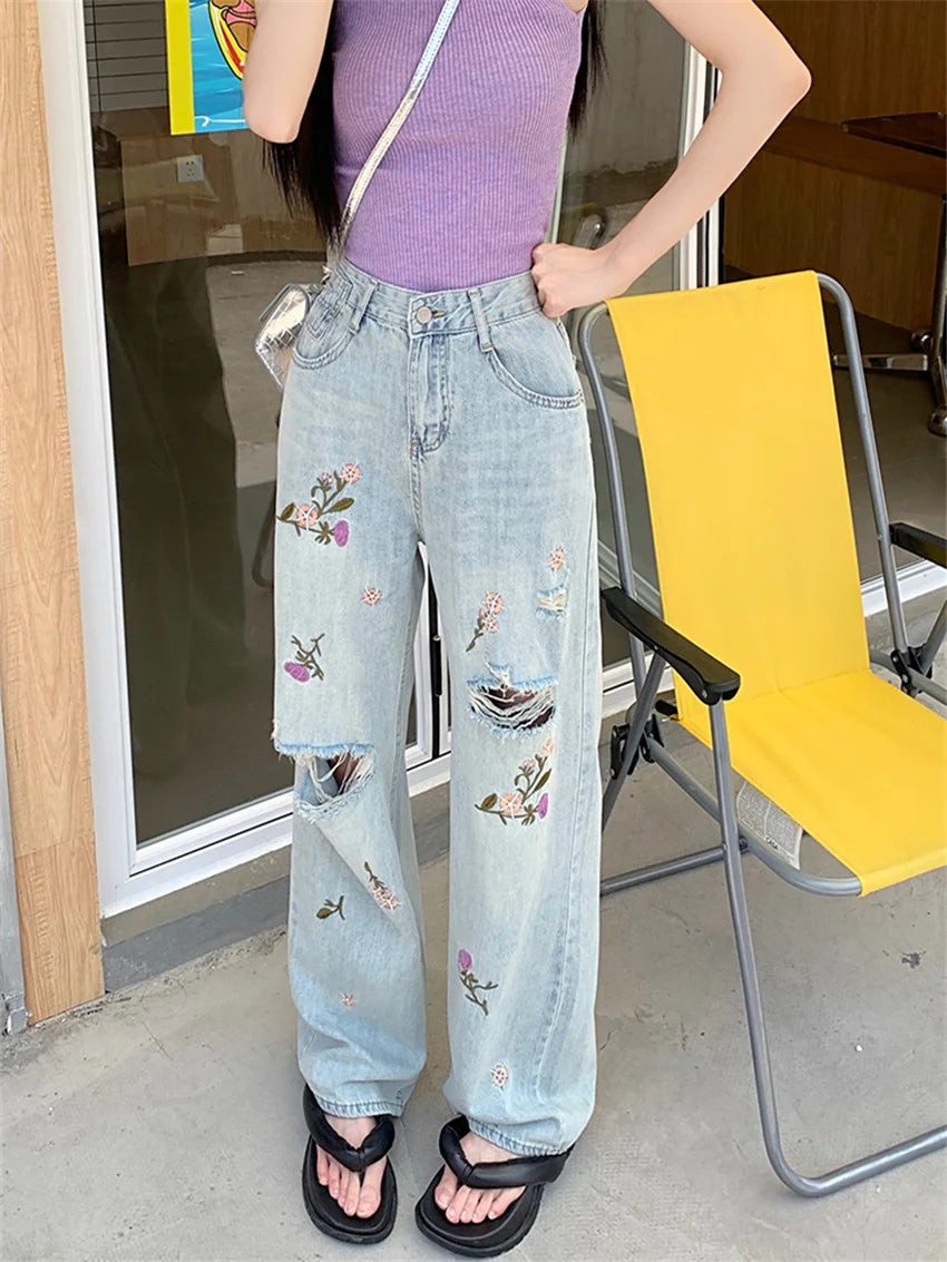 Women Embroidery Flowers Jeans Autumn OL Hole Chic Loose Fashion Slim New Straight Denim Streetwear Pants