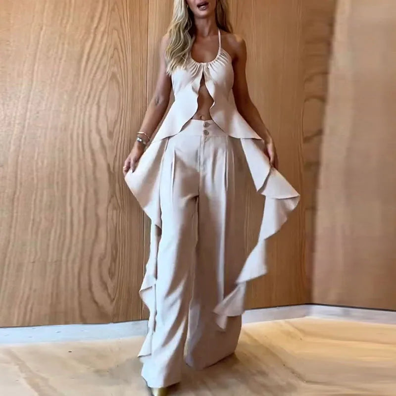 Women's Fashion High Street Outfits New Hollow Design Backless Slim Suits Sexy Halter Ruffled Top with Long Pants 2 Piece Sets