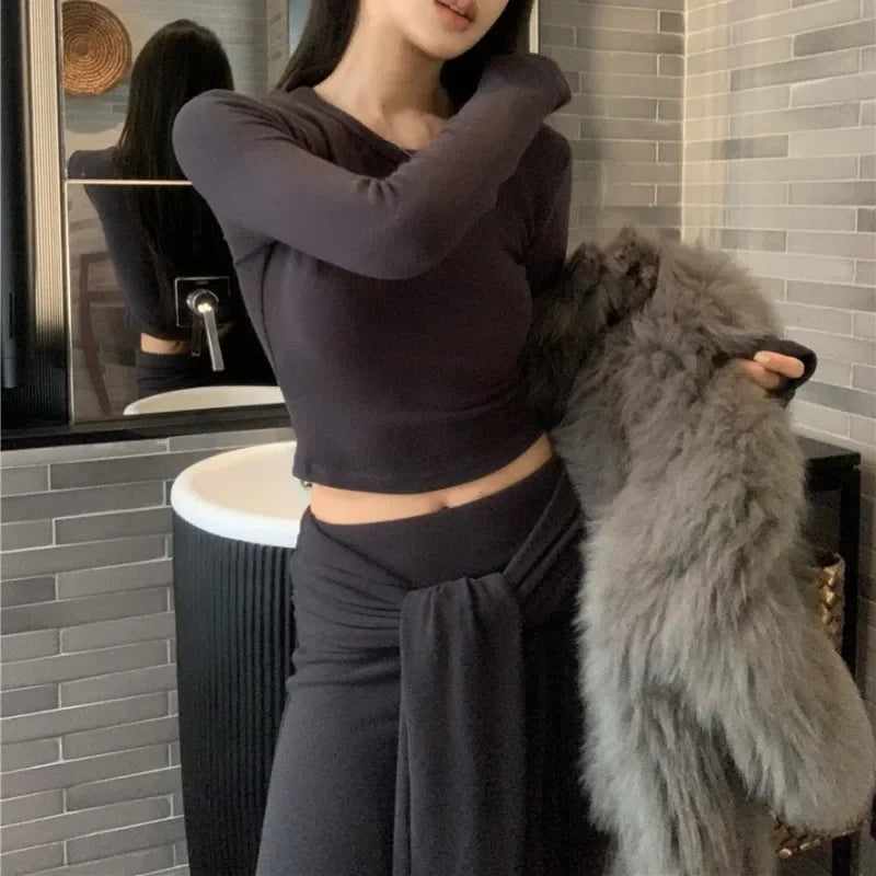Autumn New Streetwear Laceup Solid Color Casual Wide Leg Pants Women + Sexy Slim Longsleeved Tshirt Twopiece Suit